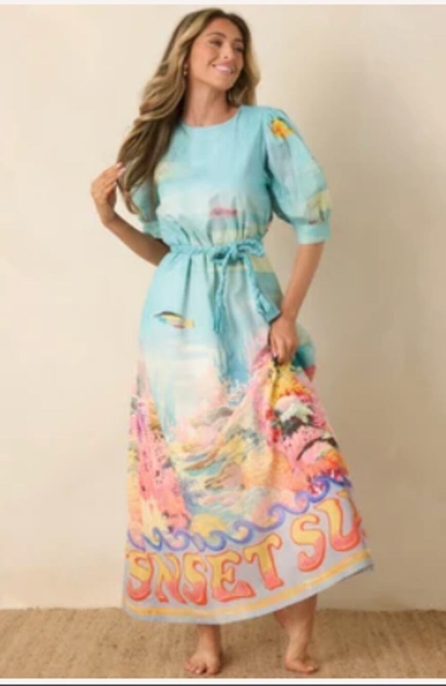 NWT Paradisa Ponte Vedra Blue Multi Cotton Reef Print Maxi Dress Sz L